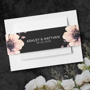 Modern Elegant Black Pink Floral Wedding Invitation Belly Band