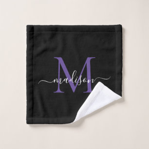 Modern Elegant Black Purple Violet Monogram Script Wash Cloth
