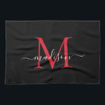 Modern Elegant Black Red Burgundy Monogram Script Tea Towel<br><div class="desc">Modern Elegant Black Burgundy Maroon Red Monogram Script Name Kitchen Towel</div>