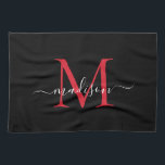 Modern Elegant Black Red Burgundy Monogram Script Tea Towel<br><div class="desc">Modern Elegant Black Burgundy Maroon Red Monogram Script Name Kitchen Towel</div>