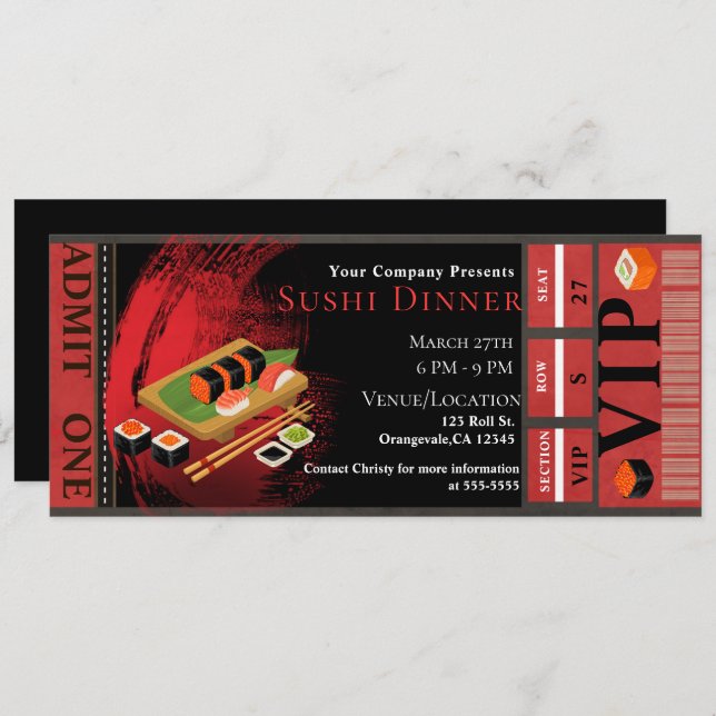 Modern Elegant Black & Red Sushi VIP Dinner Party Invitation (Front/Back)