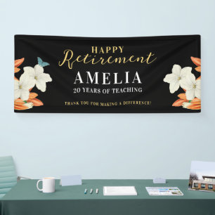 Modern Elegant Black Retirement Floral Gold Script Banner