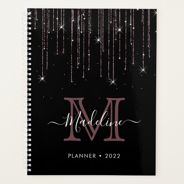 Modern Elegant Black Rose Gold Glitter Monogram Planner (Front)
