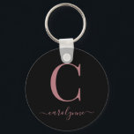 Modern Elegant Black Rose Gold Monogram Script Key Ring<br><div class="desc">Chic Elegant Pink Rose Gold Monogram Script on a chic Black Round Keychain. Easy to customise with your own name and details. Perfect for your luxury lifestyle! Please contact us at cedarandstring@gmail.com if you need assistance with the design or matching products.</div>