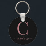 Modern Elegant Black Rose Gold Monogram Script Key Ring<br><div class="desc">Chic Elegant Pink Rose Gold Monogram Script on a chic Black Round Keychain. Easy to customise with your own name and details. Perfect for your luxury lifestyle! Please contact us at cedarandstring@gmail.com if you need assistance with the design or matching products.</div>