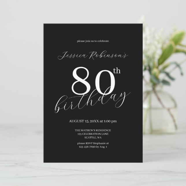 Modern Elegant Black Script Eightieth Birthday  Invitation (Standing Front)