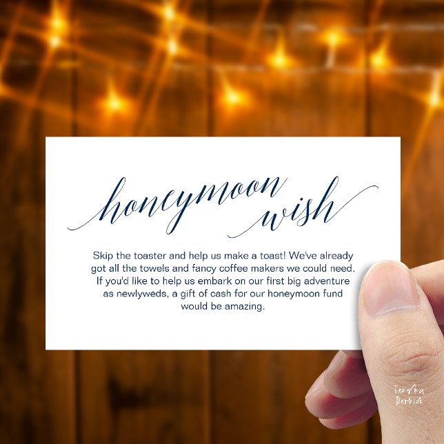 Modern Elegant Black Script Honeymoon Wish Fund Enclosure Card (Modern Elegant Black Script Honeymoon Fund Wish Enclosure Card in navy blue)