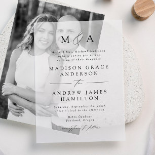 Modern Elegant Black Script Monogram Wedding Vellum Invitations