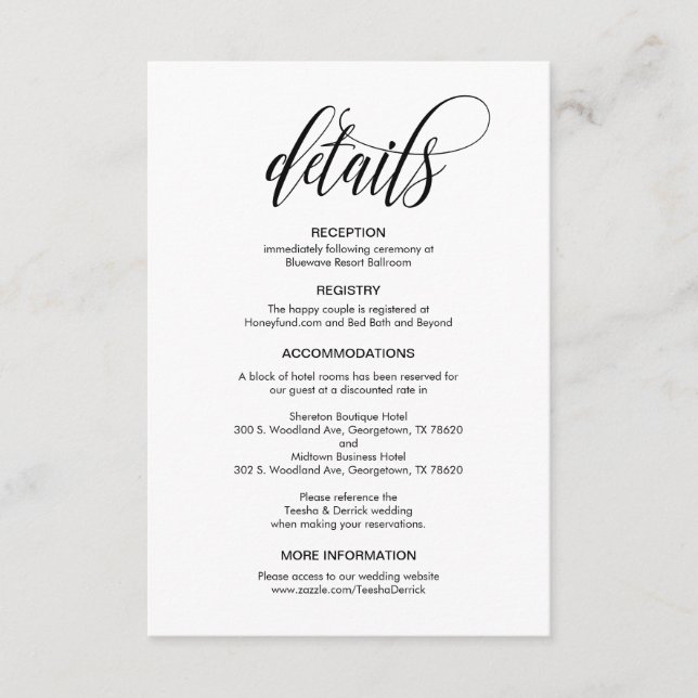 Modern Elegant, Black Script, Our Wedding Details Enclosure Card (Front)