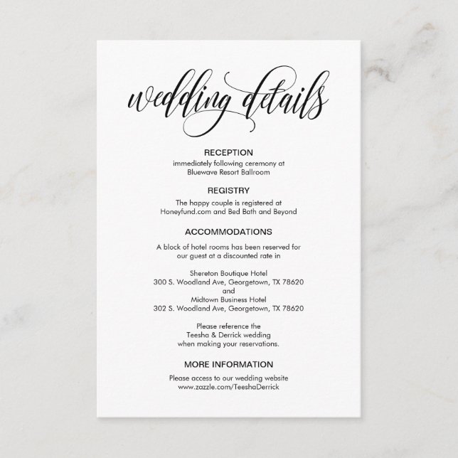 Modern Elegant, Black Script, Our Wedding Details Enclosure Card (Front)