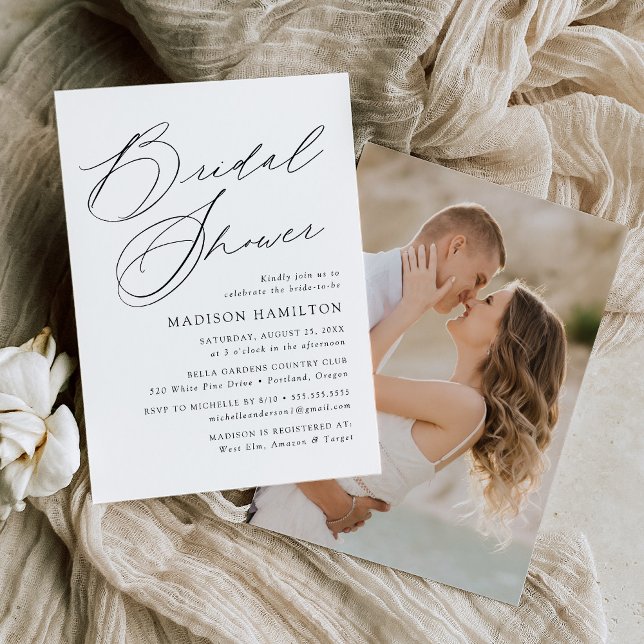 Modern Elegant Black Script Photo Bridal Shower Invitation (Creator Uploaded)