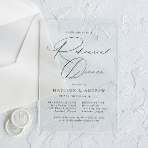 Modern Elegant Black Script Rehearsal Dinner Acrylic Invitations