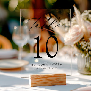Modern Elegant Black Script Wedding Table Number Acrylic Sign