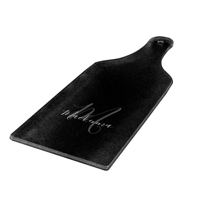 Modern Elegant Black Silver Grey Monogram Name Cutting Board (Corner)