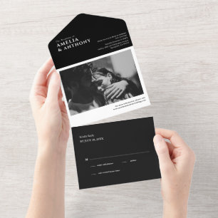 Modern Elegant Black simple 1 Photo RSVP Wedding All In One Invitation