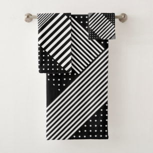 Modern Elegant Black Stripe White Polka Dots Bath Towel Set