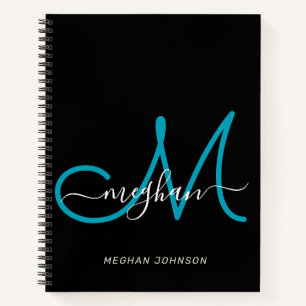 Modern Elegant Black Teal Script Monogram Notebook