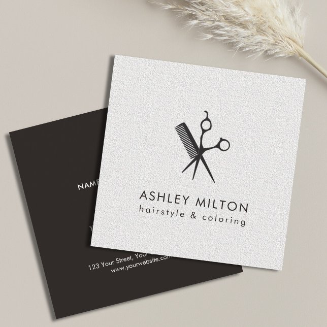 Modern Elegant Black Texture White Hair Stylist Square Business Card (Creator Uploaded)
