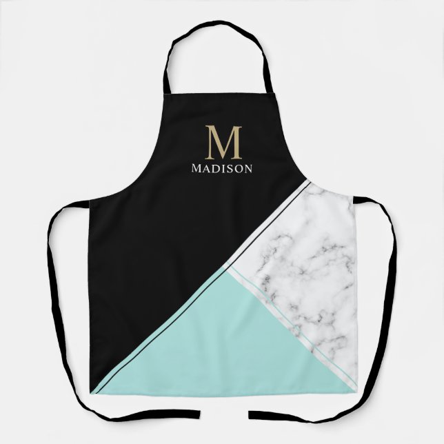Modern elegant black turquoise marble monogram apron (Front)
