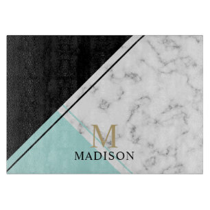 Modern elegant black turquoise marble monogram cutting board