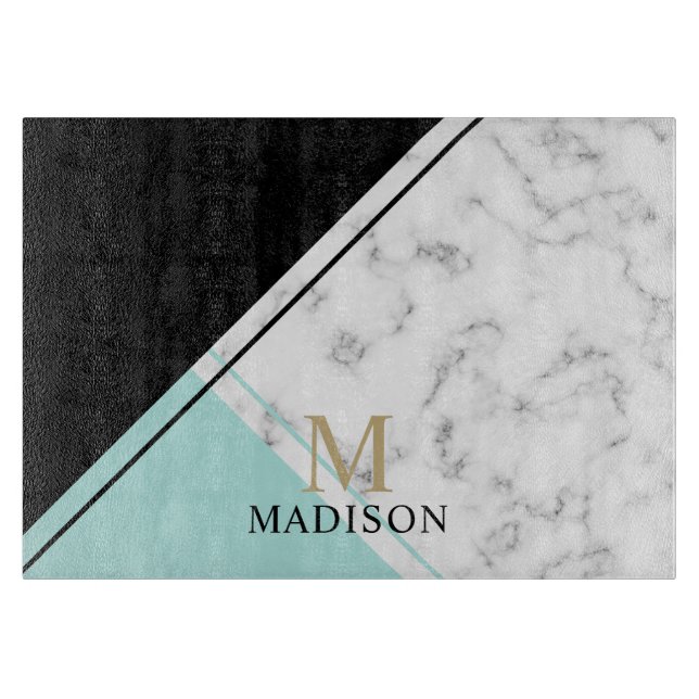 Modern elegant black turquoise marble monogram cutting board (Front)
