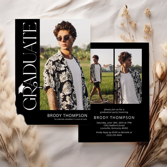 Modern Elegant Black & White 3 Photo Graduation Invitation (Creator Uploaded)