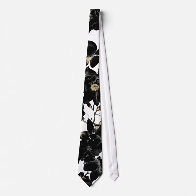 Modern Elegant Black White and Gold Floral Pattern Tie (Front)