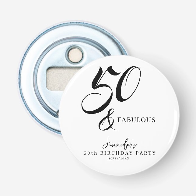 Modern Elegant Black White Fifty Fabulous Birthday Bottle Opener (Front)