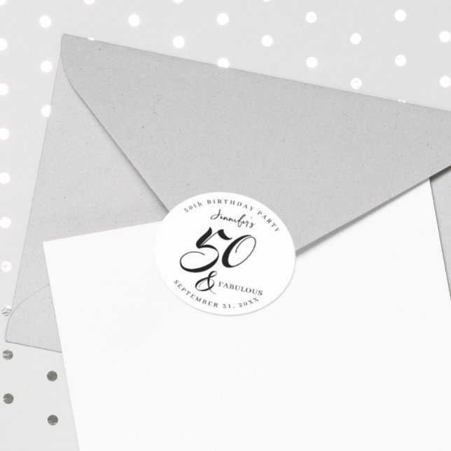 Modern Elegant Black White Fifty Fabulous Birthday Classic Round Sticker (Creator Uploaded)