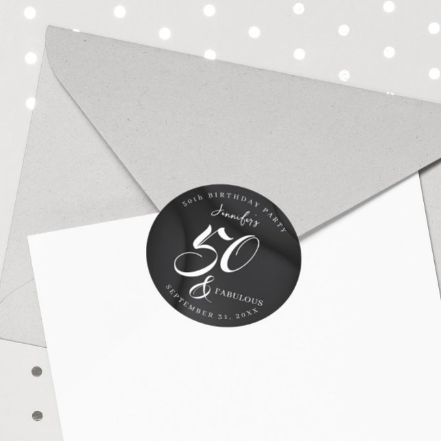 Modern Elegant Black White Fifty Fabulous Birthday Classic Round Sticker (Creator Uploaded)