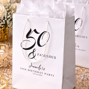 Modern Elegant Black White Fifty Fabulous Birthday Medium Gift Bag