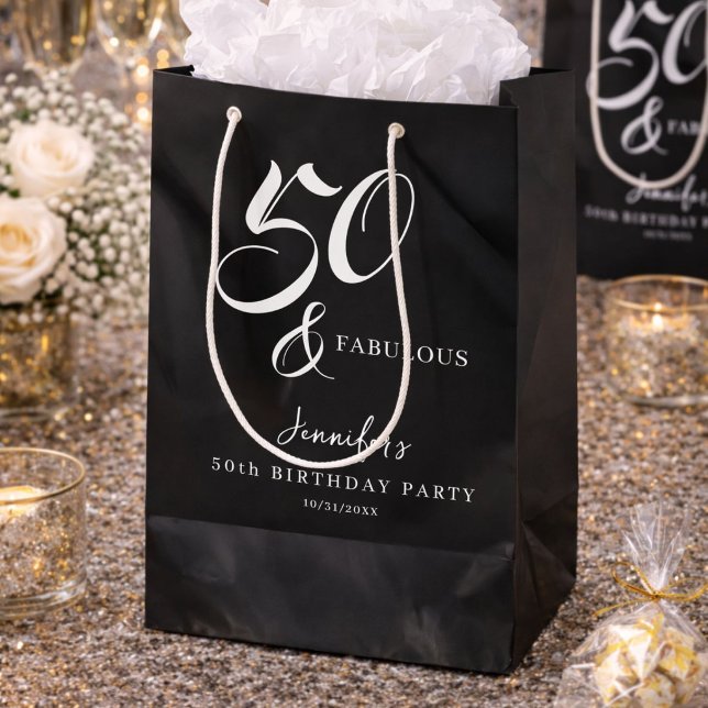 Modern Elegant Black White Fifty Fabulous Birthday Medium Gift Bag (Creator Uploaded)