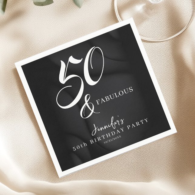 Modern Elegant Black White Fifty Fabulous Birthday Napkin (Creator Uploaded)