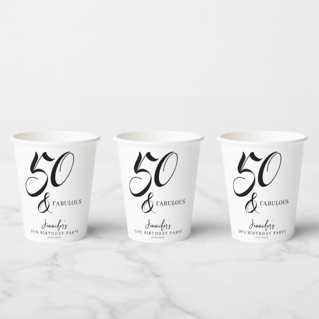 Modern Elegant Black White Fifty Fabulous Birthday Paper Cups (Multi)