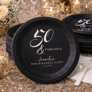Modern Elegant Black White Fifty Fabulous Birthday Paper Plate