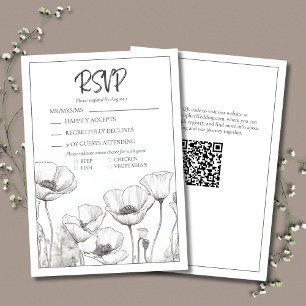Modern Elegant Black White Floral Poppies Wedding RSVP Card
