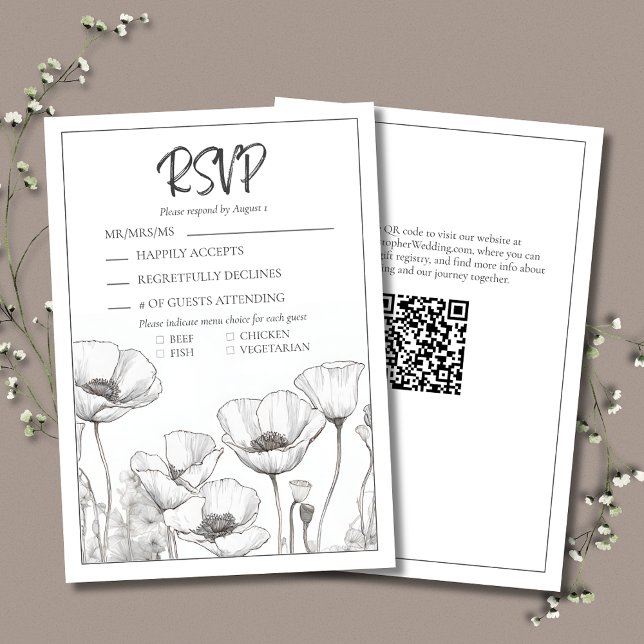 Modern Elegant Black White Floral Poppies Wedding RSVP Card (White Poppies Wedding RSVP Card with Menu Choices.
)