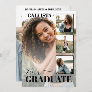 Modern Elegant Black White Four Photo Graduation Announcement