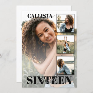 Modern Elegant Black White Four Photo Sweet 16 Invitation