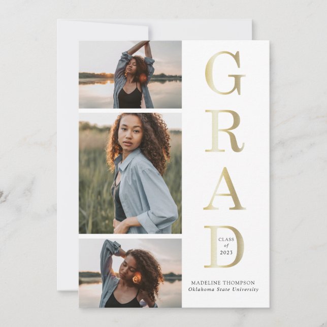 Modern Elegant Black White Gold 3 Photo Graduation Announcement (Front)