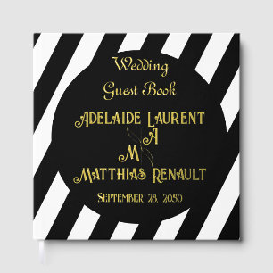 Modern Elegant Black & White  Gold Striped Wedding Guest Book