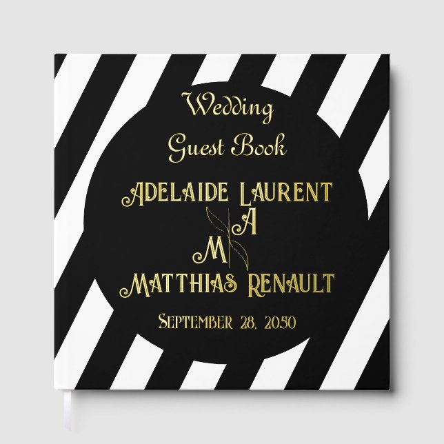 Modern Elegant Black & White  Gold Striped Wedding Guest Book (Front)