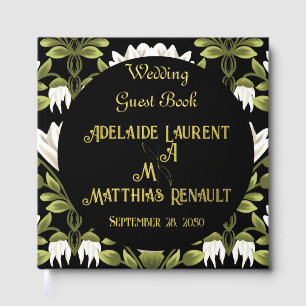 Modern Elegant Black & White  Gold Striped Wedding Guest Book
