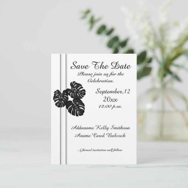 Modern Elegant, Black White Graphic Leaves Save The Date (Standing Front)
