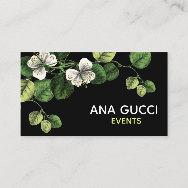 Modern Elegant Black White Green Botanical Floral Business Card (Front)