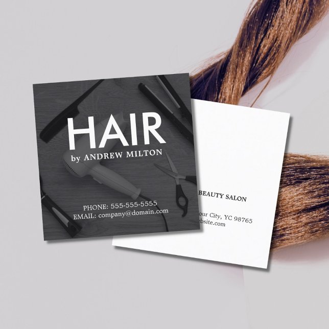 Modern Elegant Black & White Hairdresser Square Business Card (Creator Uploaded)