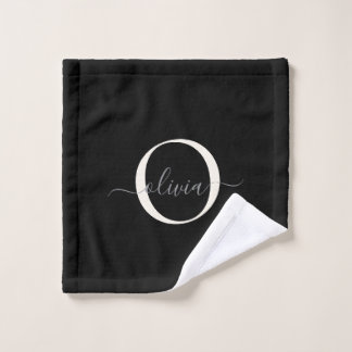 Modern Elegant Black White Monogram Script Bath Towel Set