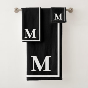 Modern Elegant Black &white Monogram Script Name Bath Towel Set