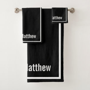Modern Elegant Black &white Monogram Script Name Bath Towel Set