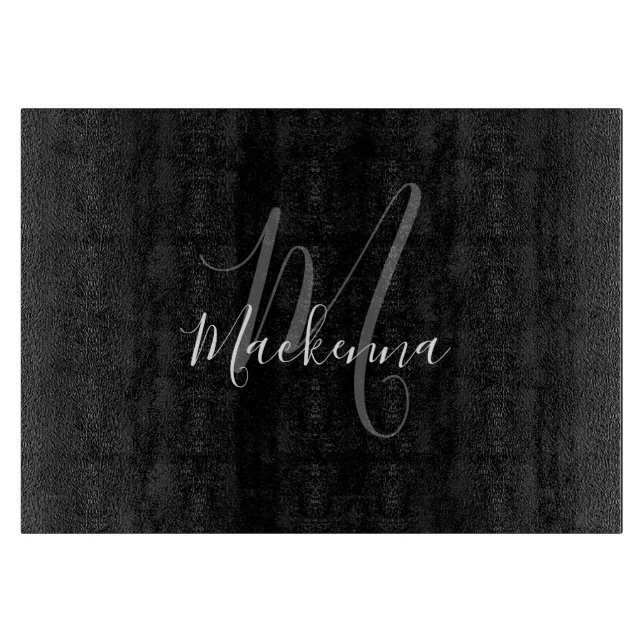 Modern Elegant Black White Monogram Script Name Cutting Board (Front)